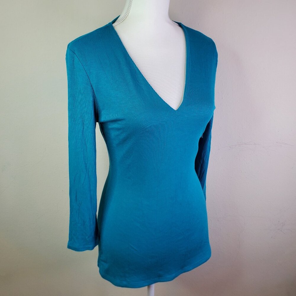 Inc International Concepts Womens Teal V-neck Ribbed Top L